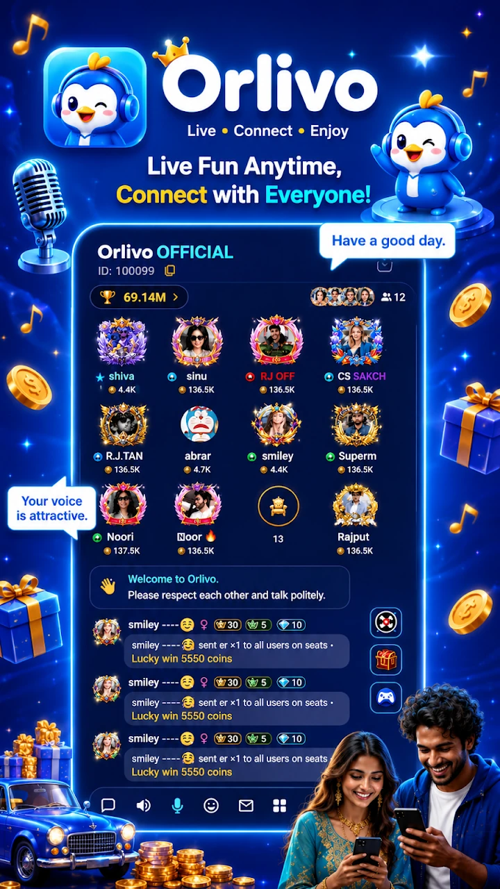 Official Orlivo promotional screenshot showing a live voice room with participant seats and text chat
